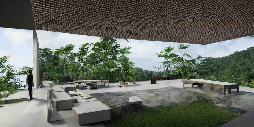 3d rendering  of beautiful nature meets architecture concept of a residential house. balinese architecture by Kengo Kuma, volumetric lighting, luxury, high detail, 14mm, cinematic photography, cg architects,  high resolution