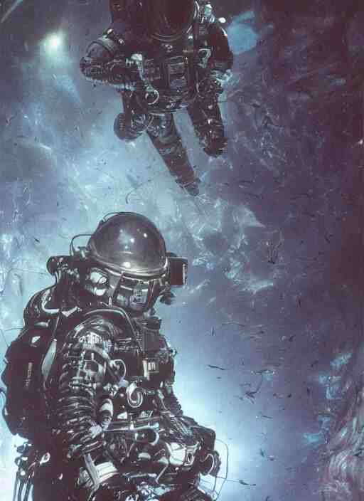 astronauts in dark void underwater - complex and hyperdetailed technical suit. reflection and dispersion materials. rays and dispersion of light. volumetric light. f / 3 2. noise film photo. flash photography. ultra realistic, wide angle. poster by wayne barlowe, hajime sorayama aaron horkey, craig mullins 