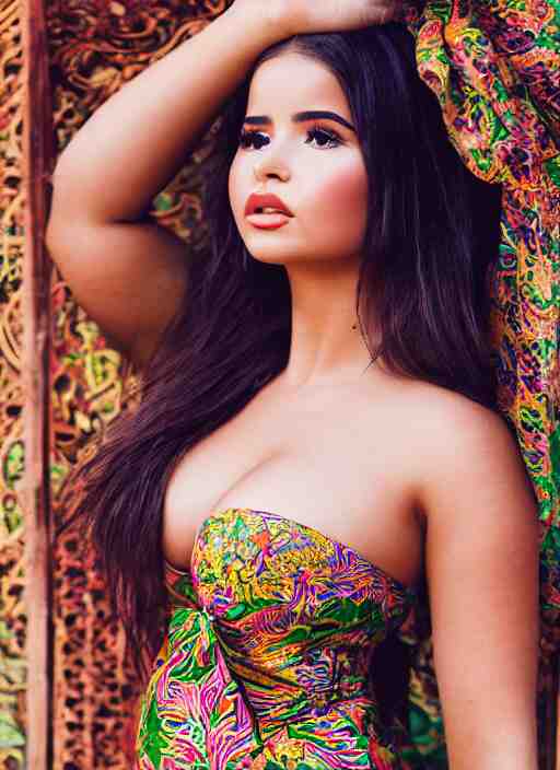 portrait of demi rose wearing batik tube top in bali temple, by charlotte grimm, natural light, detailed face, beautiful features, symmetrical, canon eos c 3 0 0, ƒ 1. 8, 3 5 mm, 8 k, medium - format print, 