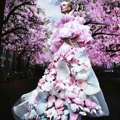 Dress made of 🌸 !! studio photo, street style, high fashion, backlit, Alexander mcqueen, Vivienne Westwood, Oscar De la Renta, Dior, magazine photo shoot, fantasy lut,