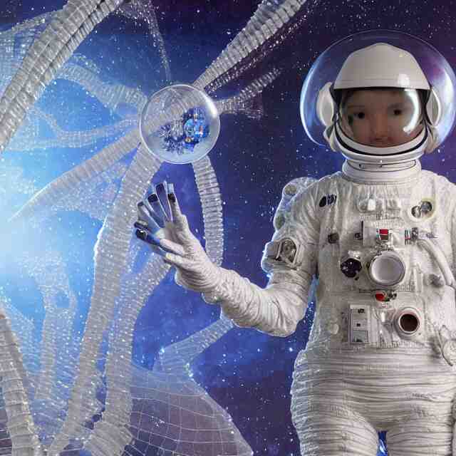 realistic extremely detailed  photo style  painting of a complete  astronaut suit with exposed diamond 3d fractal lace iridescent bubble 3d skin clear brain+ ,holding a sparkle plasma sniper rifle oscilloscope, and in a jumping float pose inside of a futuristic space station
,opal ruby diamond iridescent fractal lace bubble materials,chelate appendages barnacles,
monolithic retro futuristic ,water , by style hybrid mix of beeple+Anton Pieck+Jean Delville+ Amano,Yves Tanguy+ Alphonse Mucha+ Ernst Haeckel+ Edward Robert Hughes+Stanisław Szukalski covered with compound eye camera lenses,ambient occlusion,
rich moody colors,diamond dust glitter and sparkles, granular detail,holographic krypton ion,blue eyes,octane render,4k,
f32,55mm photography,wide angle ,jumping float Pose,full shot,  