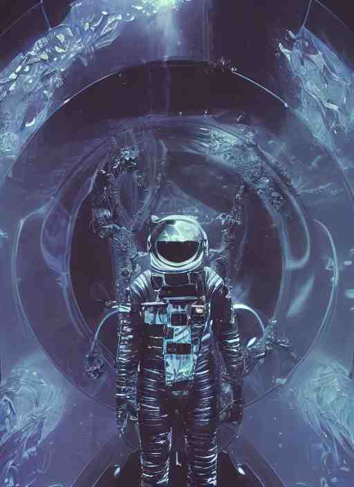 astronaut in dark void underwater - complex and hyperdetailed technical suit design. reflection and dispersion materials. rays and dispersion of light. volumetric light. f / 3 2. noise film photo. flash photography. ultra realistic, 5 0 mm. poster by wayne barlowe, hajime sorayama aaron horkey, craig mullins 