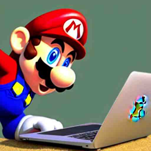 photo of super mario working on his macbook, highly detailed, extremely high quality, hd, 4 k, 8 k, professional photographer, 4 0 mp, lifelike, top - rated, award winning, realistic, detailed lighting, detailed shadows, sharp, no blur, edited, corrected, trending 