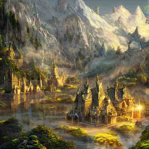 elven city in the mountains, elegant, sunny, impressive, high-detail, digital art