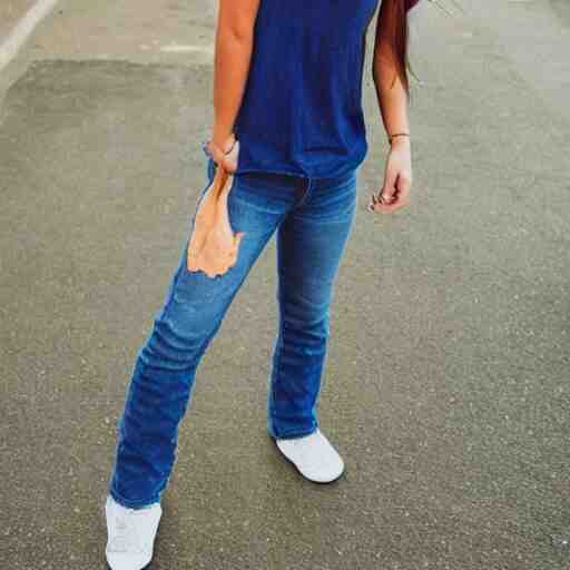 the girl is wearing a tank top, with sleeves cut off, blue three pocket jeans 