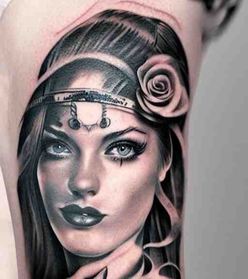 tattoo design on white background of a beautiful girl warrior, roses, hyper realistic, realism tattoo, by eliot kohek, beautiful eyes, realistic face, black and white 