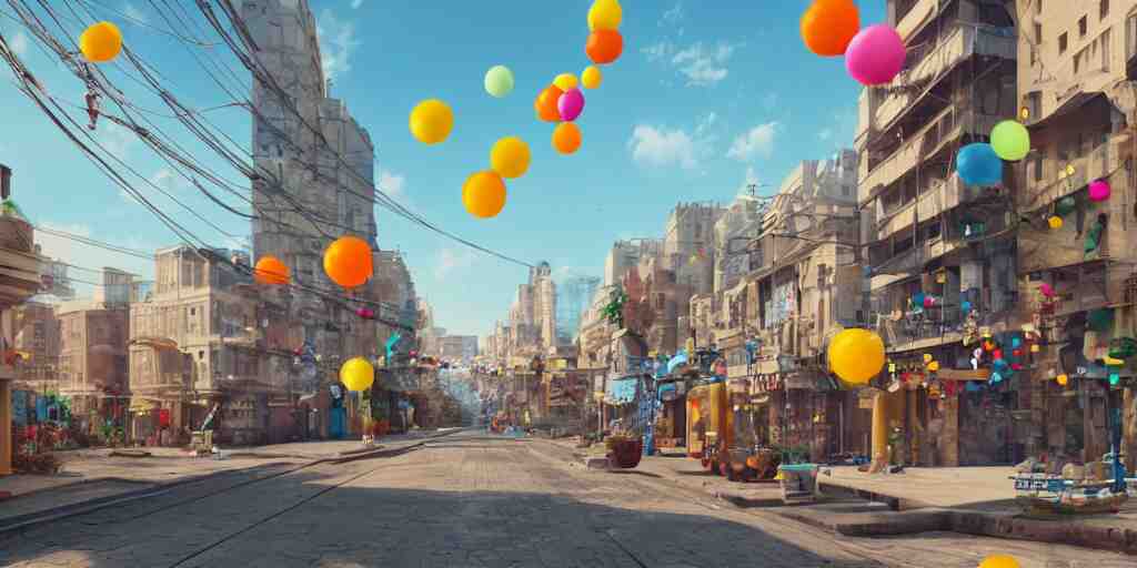 a city street where everything is made from tiny inflatable balloons, hyper real, trending on Art Station, Octane render