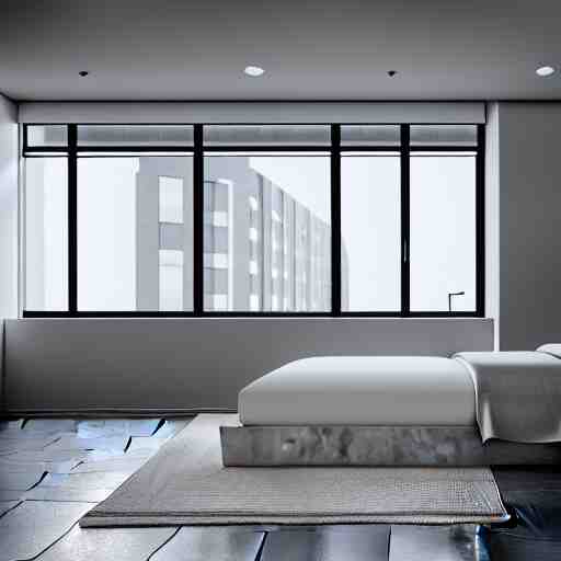 brutalist bedroom, big windows, minimalist architecture, minimalist furniture, octane render, high quality, 8 k, post production 