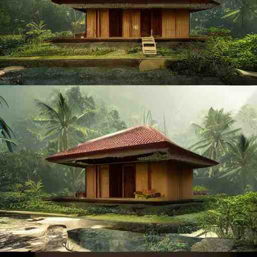 a beautiful 3d renderings of a little house in the jungle, Balinese architecture by SOM Architect, Studio Ghibli,. Architectural photography, 14mm, cinematic photography, high resolution 4k, cg architects, vray