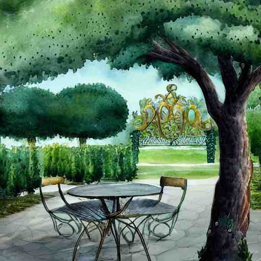 delicate, chairs, garden, paved, botanic watercolors, iridescent, 8 k, realistic shaded, fine details, artstation, italian, iron gate, tree, mediterranean, alien world 
