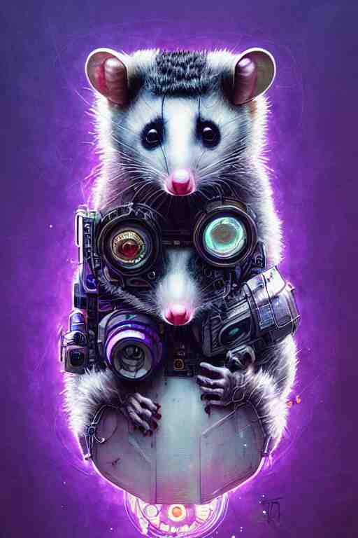 a beautiful portrait of a cute cyberpunk opossum by sandra chevrier and greg rutkowski and wlop, purple blue color scheme, high key lighting, volumetric light, digital art, highly detailed, fine detail, intricate, ornate, complex, octane render, unreal engine, photorealistic 