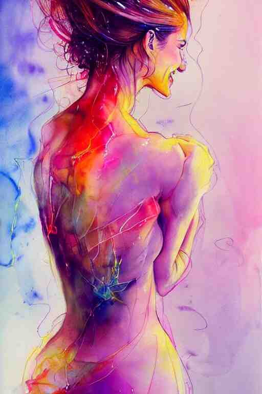 sexy lacivious shy smiling sophia vergara by agnes cecile enki bilal moebius, intricated details, 3 / 4 back view, hair styled in a bun, bend over posture, full body portrait, extremely luminous bright design, pastel colours, drips, autumn lights 