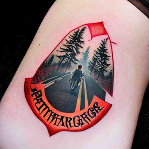 big stranger things logo tattoo ed on the back of a beautiful woman lying on a wood parket 