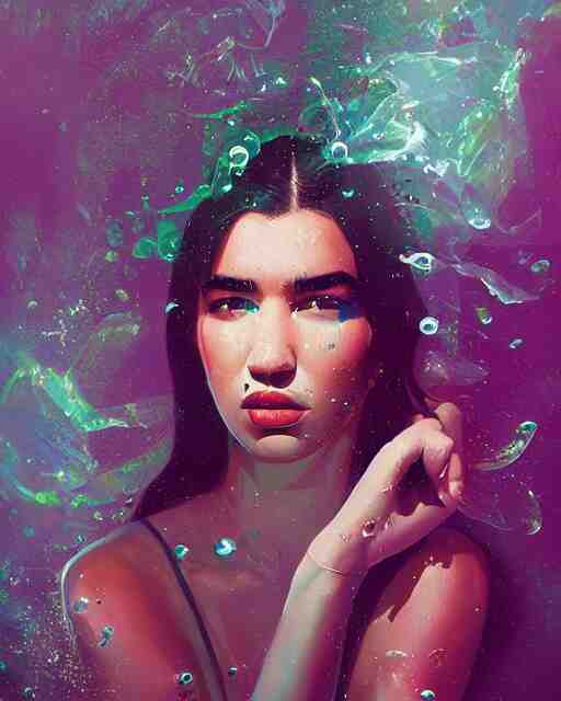 portrait of dua lipa, by petros afshar, sabbas apterus, brian sum, ross tran, shattered glass, bubbly underwater scenery, radiant light