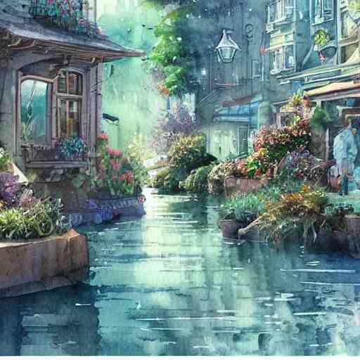 Beautiful happy picturesque charming sci-fi town in harmony with nature. Beautiful light. Water and plants. Nice colour scheme, soft warm colour. Beautiful detailed artistic watercolor by Vincent Bons. (2022)