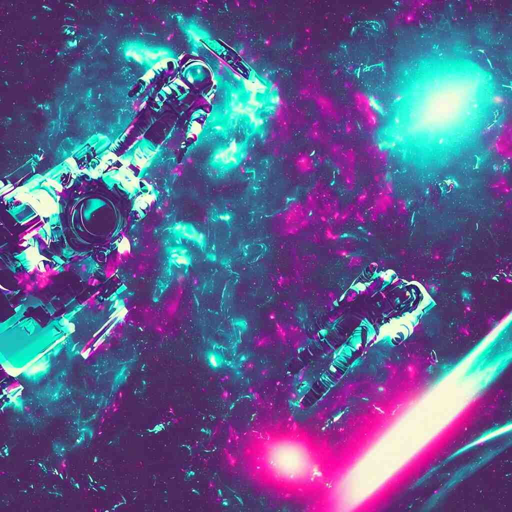 astronaut sucked into blackhole synthwave, glitchy, reflective, holographic, neon 