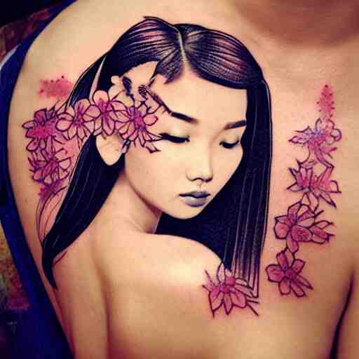 tattoo design, stencil, traditional, beautiful portrait of a Asian girl with flowers in her hair, upper body, by artgerm, artgerm, digital art, cat girl, sexy