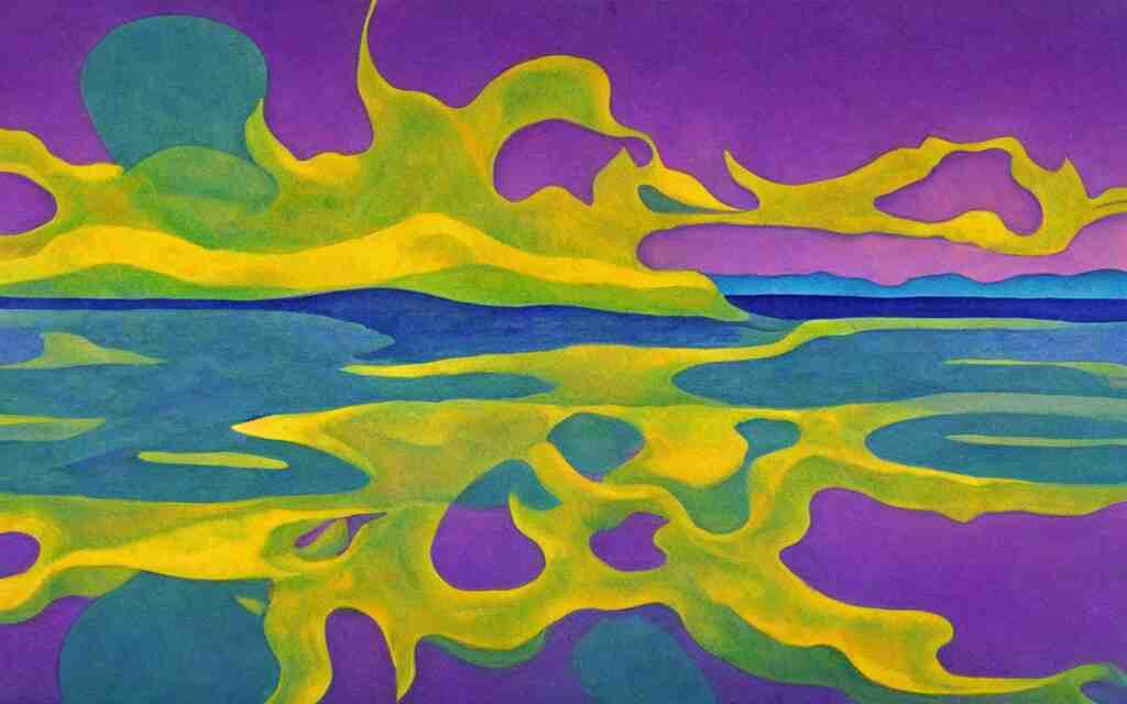 the explosion of an atomic power plant and reflection in a lake in the style of georgia o keeffe. colorful, wavy. painting. medium long shot. perspective. color palette of blue, yellow, purple, green. 