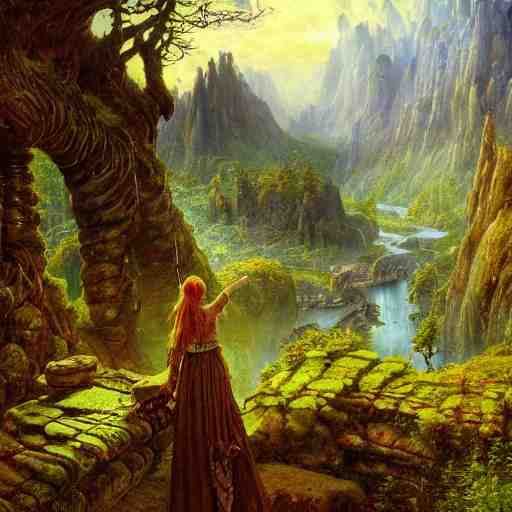 a beautiful and highly detailed epic oil painting of an elven city in the mountains, lush valley, beautiful trees, ancient stone runes, intricate details, epic scale, insanely complex, 8 k, sharp focus, hyperrealism, fantasy landscape, psychedelic, by caspar friedrich, brian froud, albert bierstadt, 