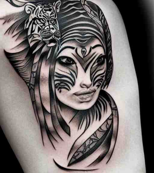 tattoo design of a beautiful girl warrior under a tiger head, hyper realistic, realism tattoo, by eliot kohek, beautiful eyes, realistic face, black and white, white background 