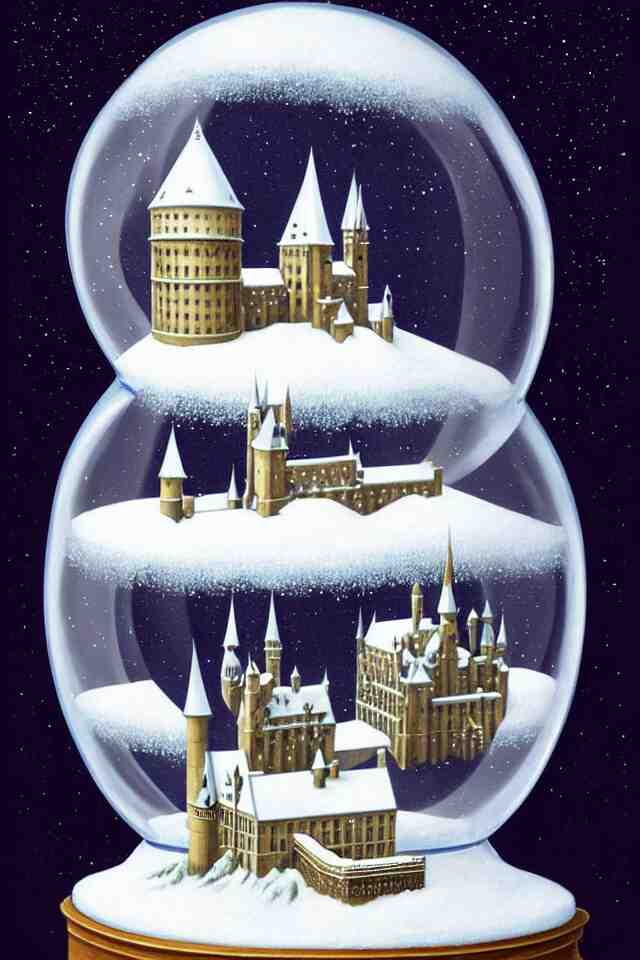 an achingly beautiful print of one snow globe with hogwarts inside by raphael, hopper, and rene magritte. detailed, proportional, romantic, vibrant, enchanting, trending on artstation 