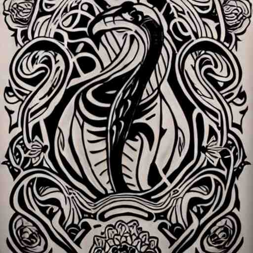 tattoo design, stencil, tattoo stencil, traditional, a cobra with its fangs out surrounded by flowers