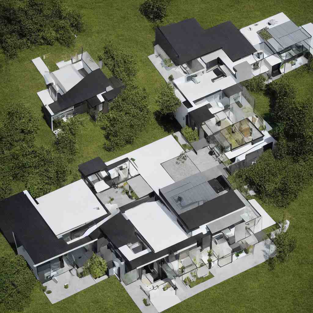 hybrid modern home mixed with a drone, a drone home, hovering over a field 