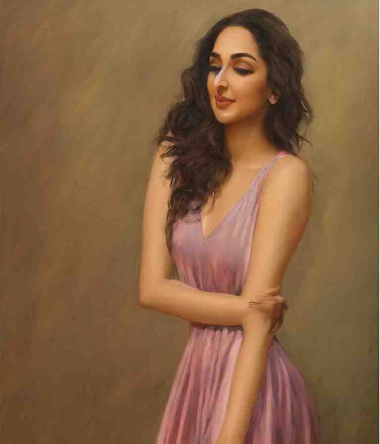 Kiara Advani in V-neck dress. history painting, dusk, flowy dress Kiara Advani, artstation, oil on canvas, by Albert Aublet, Private Collection