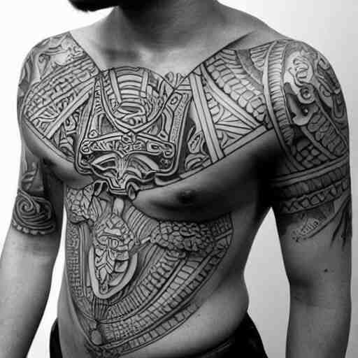 intricate japanese mayan yakuza tattoo, geometric dark animal tattoo, tattoo on upper arm