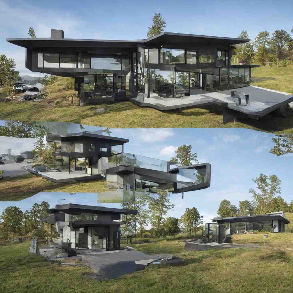 hybrid modern home mixed with a drone, a drone home, hovering over a field 