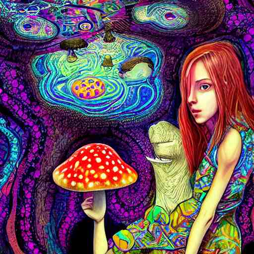 girl with mushrooms, expressive digital art, psychedelic, lsd, by yoshitaka amano, by dan mumford, close - up portrait, trending on artstation, 4 k 