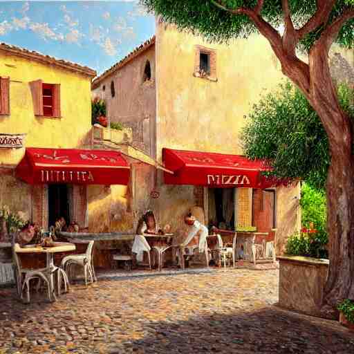 a traditional pizzeria in the street of a small village on the riviera. a terrace in the shade of a hundred - year - old olive tree, a friendly atmosphere around pizzas and rose wine. dolce vita. unreal engine rendering, hyper realist, ultra detailed, oil painting, warm colors, happy, impressionism, da vinci, 4 k, 