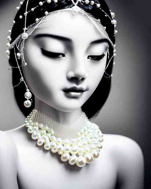 black and white dreamy young beautiful veiled female artificial intelligence, realistic pearl ornament in the face, long hair are intricate with highly detailed realistic pearls, cinematic, rim light, bokeh, photo - realistic, elegant, high detail, 8 k, masterpiece, photo taken in 1 9 3 0 