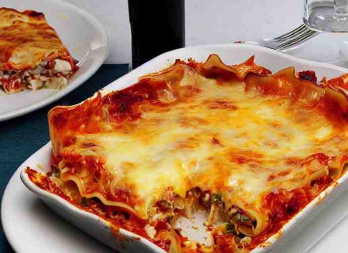 a mouth - watering image of a lasagne, with layers of pasta, vegetables, and a cheesy sauce. the lasagne is served with a side salad and a glass of red wine. the lasagne is served on a white plate with a green salad on the side. the tablecloth is red and there is a glass of red wine next to the plate. the lasagne is made with layers of pasta, vegetables, and a cheesy sauce. the top layer of pasta is golden brown and crispy. the lighting is soft and warm, making the lasagne look even more inviting 