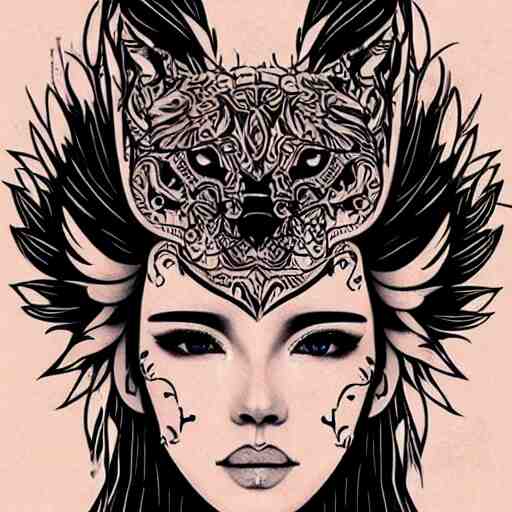 tattoo design, stencil, tattoo stencil, traditional, beautiful portrait of a warrior girl with a wolf headdress on surrounded by flowers, upper body, by artgerm, artgerm, artgerm, digital art, cat girl, anime eyes, anime, sexy-s 100