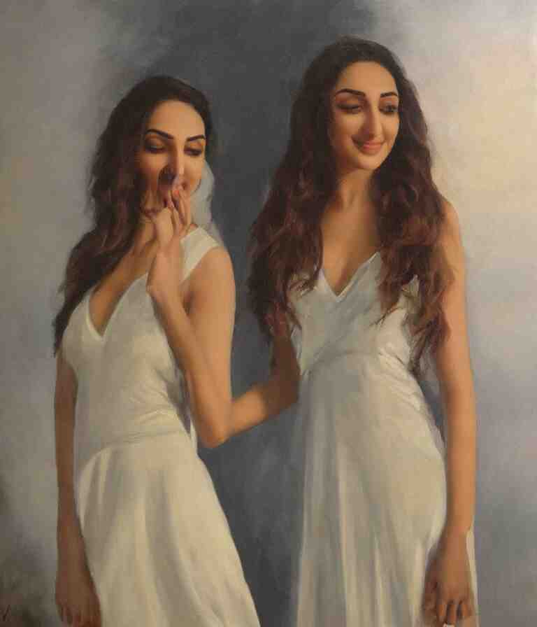 Kiara Advani in V-neck dress. history painting, dusk, flowy dress Kiara Advani, artstation, oil on canvas, by Albert Aublet, Private Collection