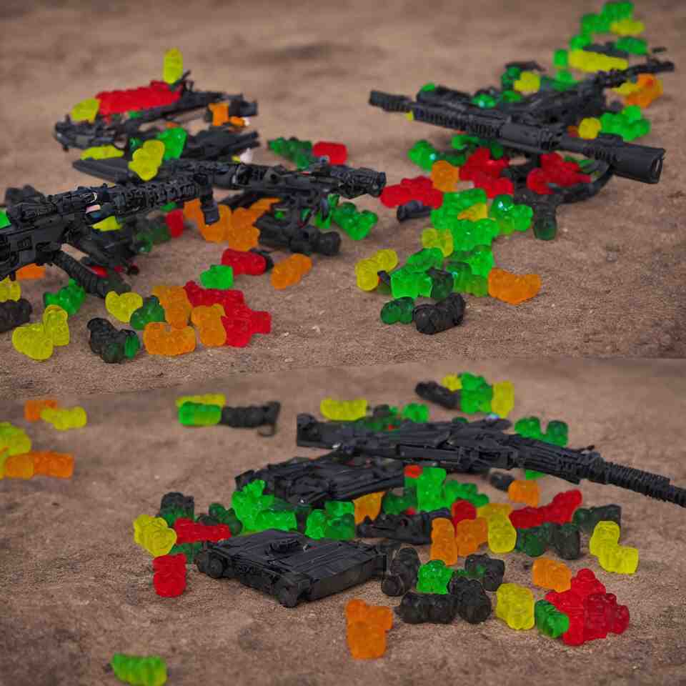 gummy bear tanks with infantry shooting gummy worms assault rifles trending on artstation 4 k cinematic action masterpiece 