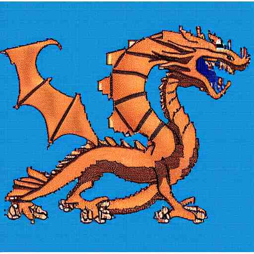 blue blueprint of a fantasy dragon pixel art 