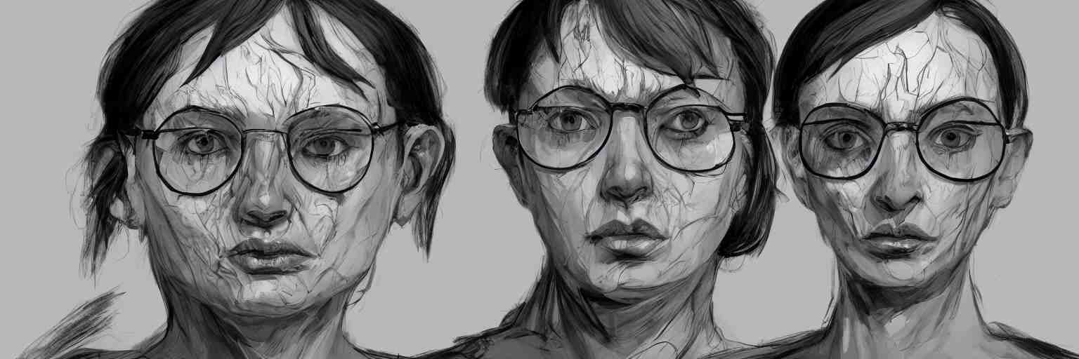 character study of female adolf hitter, evil woman, glasses, clear faces, emotional, character sheet, fine details, concept design, contrast, kim jung gi, francis bacon and jenny saville, trending on artstation, 8 k, full body and head, turnaround, front view, back view, ultra wide angle 