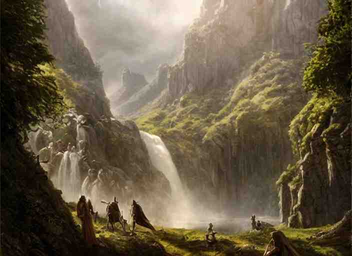 medieval adventurers in the shire scenery landscape, lord of the rings, enormous waterfall ruins, rule of thirds, highly detailed, perfect lighting, perfect composition, 4 k, artgerm, derek zabrocki, greg rutkowski 