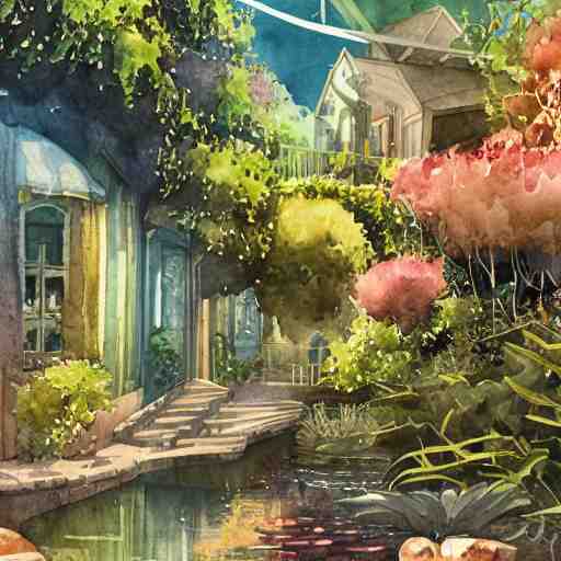 Beautiful happy picturesque charming sci-fi town in harmony with nature. Beautiful light. Water and plants. Nice colour scheme, soft warm colour. Beautiful detailed watercolor by Lurid. (2022)