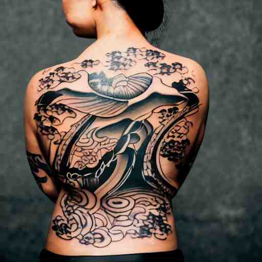 photography of the back of a woman with a black detailed irezumi tatto representing a cute caracal on her entire back, dark hangar background, mid-shot, editorial photography