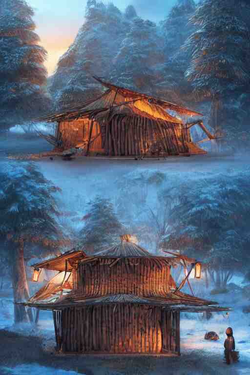 an awesome twilight day concept art of giant hen mixed with old hut, by kengo kuma and wes anderson with village, mixed development, cgsociety, fantastic realism, artstation hq 