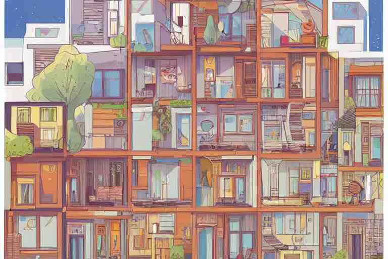 a beautiful flat 2 dimensional illustration of a cross section of a house, view from the side, a storybook illustration by muti, colorful, minimalism, featured on dribble, unique architecture, behance hd, dynamic composition 