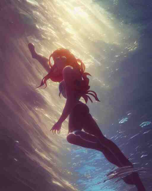 Under Water, Full shot, Atmospheric lighting, By Makoto Shinkai, Stanley Artgerm Lau, WLOP , Rossdraws, James Jean, Andrei Riabovitchev, Marc Simonetti, krenz cushart, Sakimichan, D&D trending on ArtStation, digital art.