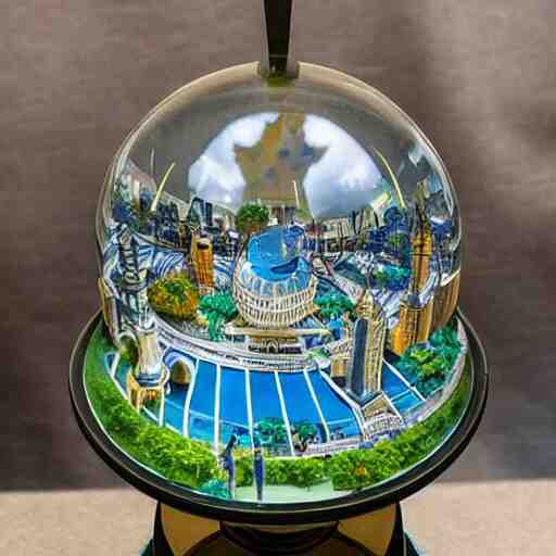 still life painting of a miniature tabletop art deco city under a glass dome, by paulette tavormina and clara peeters and vermeer, cool color - scheme with blues and greens, hyper realistic, detailed, beautiful lighting 