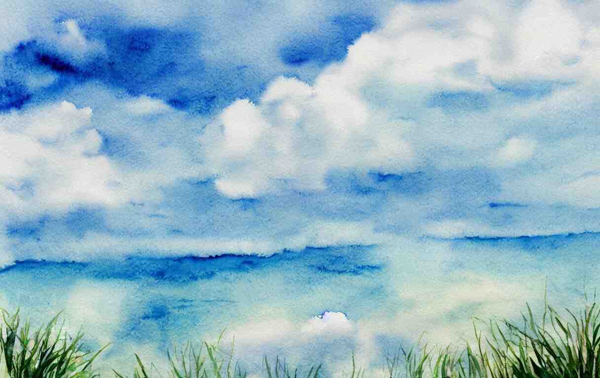 a beautiful watercolor painting of a beautiful ocean with peaceful fluffy clouds in the sky 