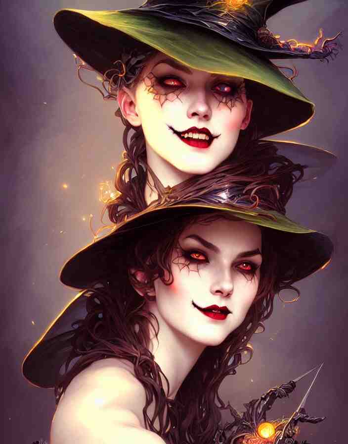 halloween witch woman in a hat smiles, fantasy magic, undercut hairstyle, dark light night, intricate, elegant, sharp focus, illustration, highly detailed, digital painting, concept art, matte, art by wlop and artgerm and greg rutkowski and alphonse mucha, masterpiece 