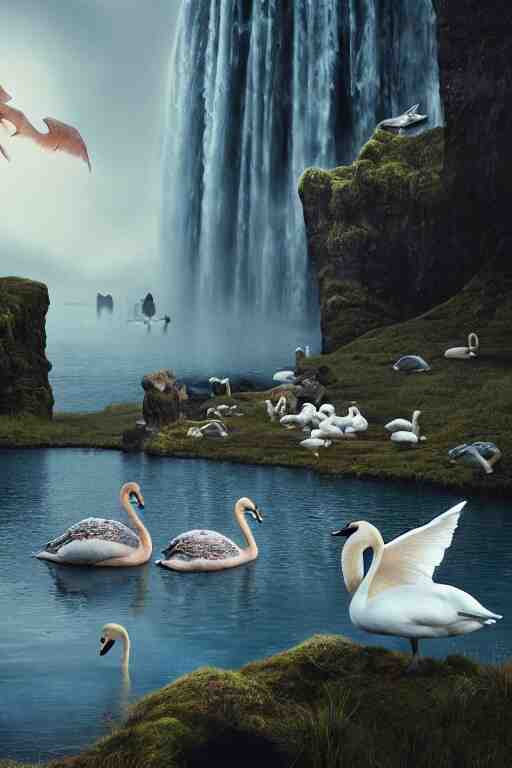 beautiful bjork with swans in iceland by hubert robert and lee madgwick and roger dean and jacek yerka, dan mumford and alex grey style, soft lighting, 4 k hd wallpaper illustration concept joy atmospheric lighting 