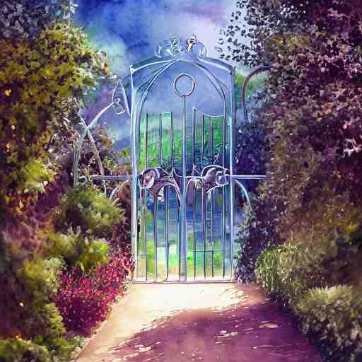 delicate starship, chairs, garden, paved, botanic watercolors, iridescent, 8 k, realistic shaded, fine details, artstation, italian, iron gate, tree, mediterranean, marvelous 